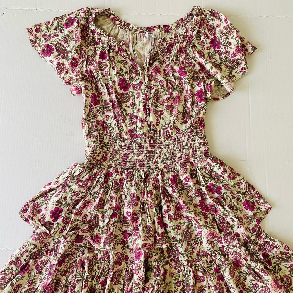 Patrons of Peace Anthropologie Floral Pink Cream Mini Dress Boho tiered ruffle - Picture 4 of 12